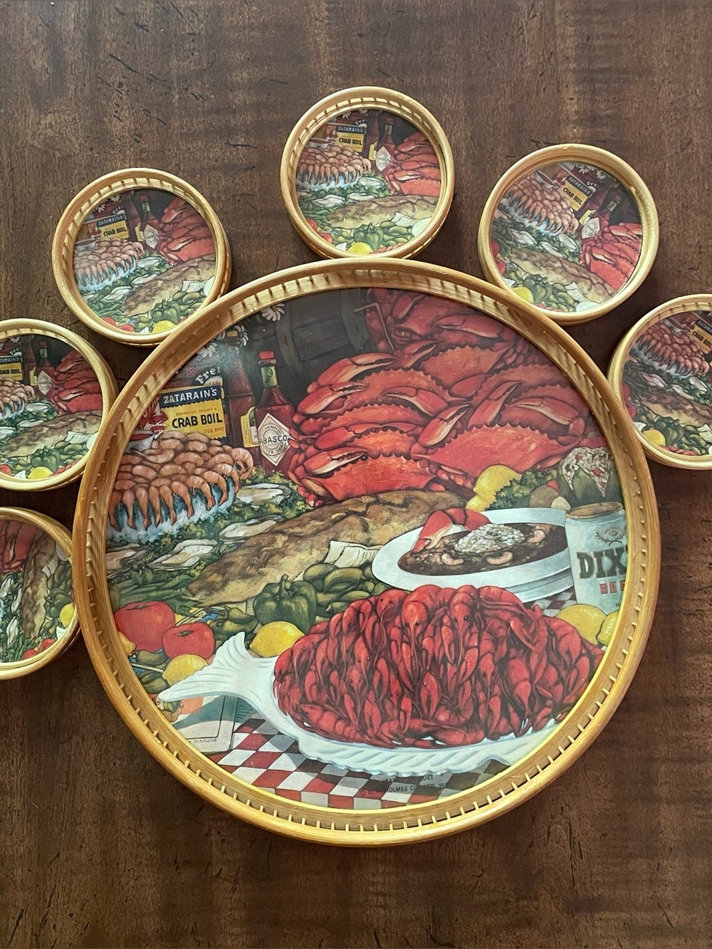 Vintage 1983 D.H. Holmes "Bayou Banquet" Bamboo and Rattan Serving Tray Coasters